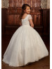 Short Sleeves Ivory Lace Glittrer Tulle Latest Flower Girl Dress